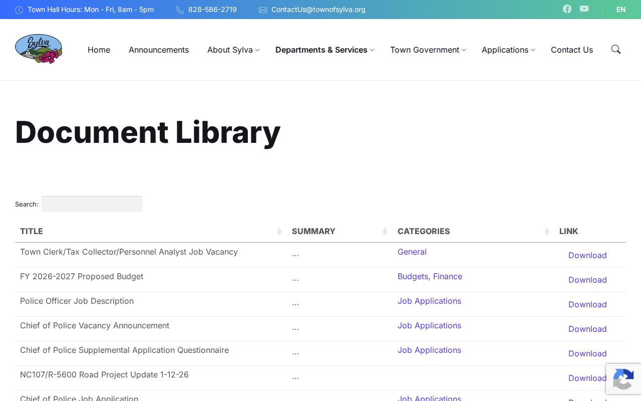 Sylva town document library and criminal records routing